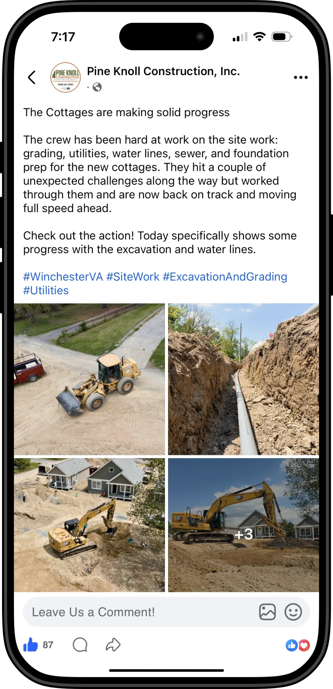 Phone mockup of a facebook post of pine knoll crew completing site work and excavation for the cottages in Winchester, VA.