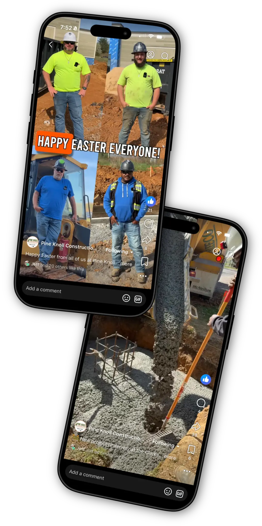 Stacked layout of phone mockup of social media videos of pine knoll construction completing site work and concrete services.