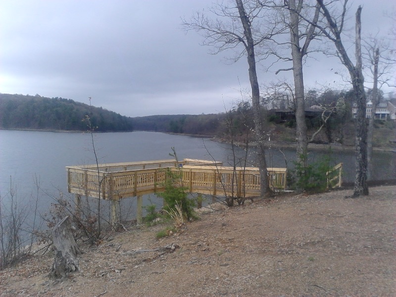 Wide angle view of the decking project installed for the lake holiday community fishing pier