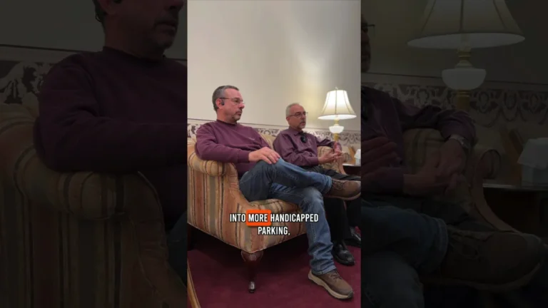 R.K. Shirley and Steve Shirley sitting together talking about their project and how Pine Knoll Construction helped them out.
