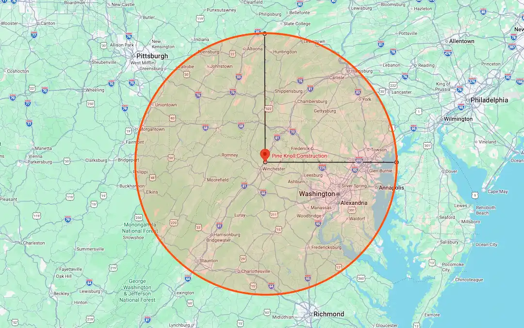 Google Maps screenshot with overlay of Pine Knoll Construction's service area.
